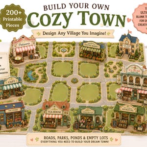 Op de afbeelding: Een printbare Build Your Own Cozy Town set met meer dan 200 onderdelen, waaronder miniatuurgebouwen zoals een patisserie, supermarkt, academie, café, ijssalon, speelgoedwinkel, theehuis, bloemenwinkel en boekhandel op een stadsplattegrond.