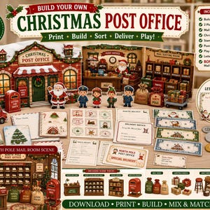 Può includere: Un set da gioco stampabile a tema ufficio postale natalizio che include una struttura costruibile, due interni, statuine di Babbo Natale ed elfi, un furgone per le consegne, accessori per lo smistamento, denaro giocattolo, francobolli e lettere.