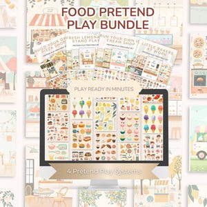 May include: A digital Food Pretend Play Bundle with various printable sets. The bundle includes sets for a pizza shop, lemonade stand, ice cream shop, and little bakers. The image shows a computer screen with food illustrations and the text "PLAY READY IN MINUTES."