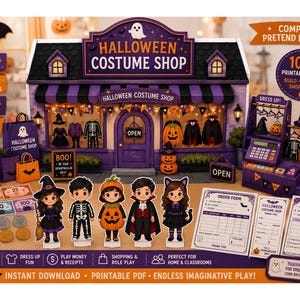 Puede incluir: Un kit de juego de simulación imprimible de una tienda de disfraces de Halloween con una fachada morada, cinco personajes de papel disfrazados, dinero de juguete, monedas, formularios de pedido y accesorios para jugar.