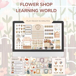 May include: A digital illustration of a flower shop learning world, featuring a computer screen with various shop elements, including signs, flowers, and a delivery truck. The text "FLOWER SHOP LEARNING WORLD" and "PLAY READY IN MINUTES" are visible.