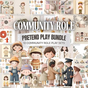 Op de afbeelding: Digitale illustratie die een "Community Role Pretend Play Bundle" met 10 sets promoot. De afbeelding toont cartoonfiguren die verschillende rollen in de gemeenschap vertegenwoordigen, zoals een monteur, brandweerman en politieagent, samen met rekwisieten.