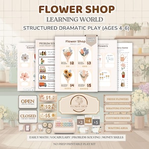 May include: A complete flower shop learning kit for structured dramatic play, ages 4-6. Includes printable price lists, inventory games, and signs. The kit features a cash register, play money, and various flower bouquets. The text on the image says "Flower Shop".
