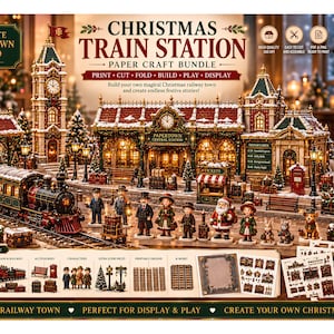 Christmas Train Station Paper Craft Bundle, Printable 3D Paper Village, Railway Diorama, Winter Christmas Village PDF PNG, DIY Model Kit