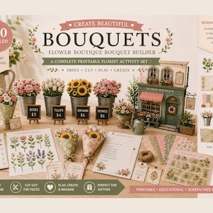 Bouquet Builder Printable Flower Arranging Activity DIY Bouquet Craft Printable Florist Activity Flower Stem Cut and Paste Kids Craft