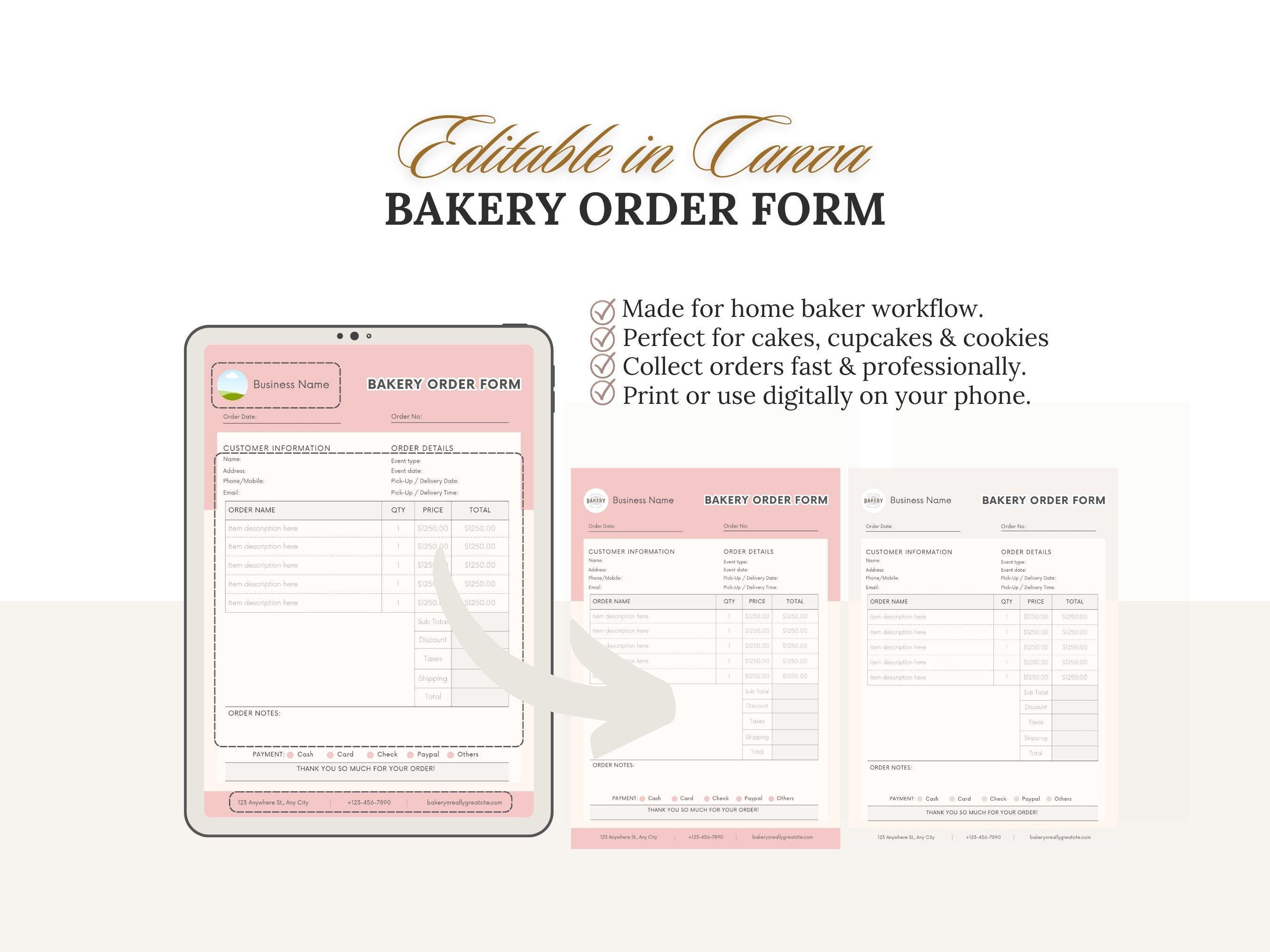 Bakery Order Form Template Canva Editable for Home Bakers and Cottage ...
