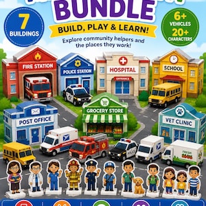 May include: A printable paper town bundle featuring seven buildings including a fire station, police station, hospital, school, post office, grocery store, and vet clinic, plus over 20 characters and 6 vehicles for a build, play, and learn activity.