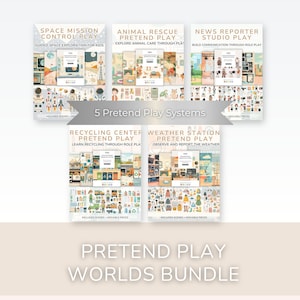 May include: A bundle of five pretend play systems, each with a unique theme. The systems include Space Mission Control Play, Animal Rescue Pretend Play, News Reporter Studio Play, Recycling Center Pretend Play, and Weather Station Pretend Play. The words "PRETEND PLAY WORLDS BUNDLE" are at the bottom.