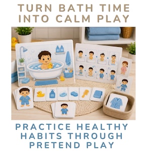 May include: A children's educational toy set with the text "TURN BATH TIME INTO CALM PLAY" and "PRACTICE HEALTHY HABITS THROUGH PRETEND PLAY". The set includes cards with bath time illustrations and a child in a bathtub.
