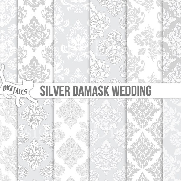 Carta digitale per matrimoni in argento Carta da sposa grigia Scrapbook da sposa stampabile Damasco damascato grigio damasco argento Uso commerciale