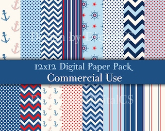 Nautical digital paper Chevron digital paper Nautical paper nautical  Anchor digital paper Blue red digital paper Commercial