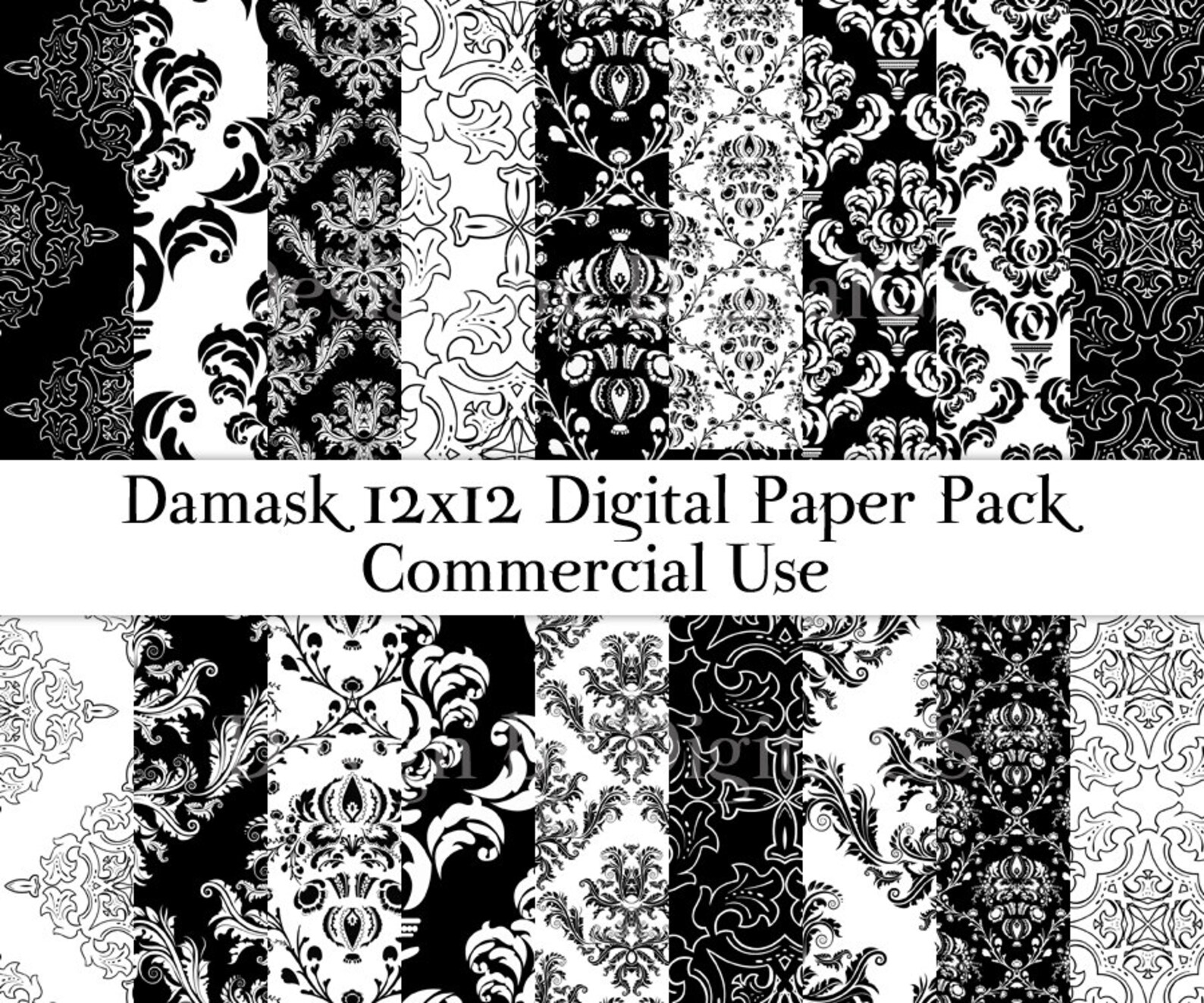 Damask digital paper Black and white damask paper 12x12 Etsy