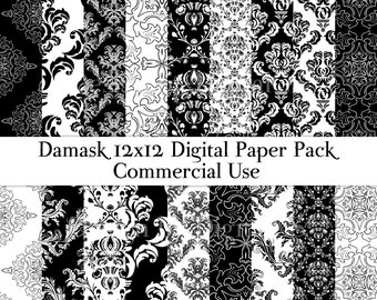 Damask digital paper Black and white damask paper 12x12 scrapbook paper Commercial use DIY Card making Decoupage