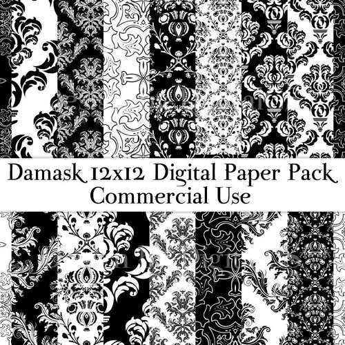 Damask Digital Paper Black and White Damask Paper 12x12 Etsy