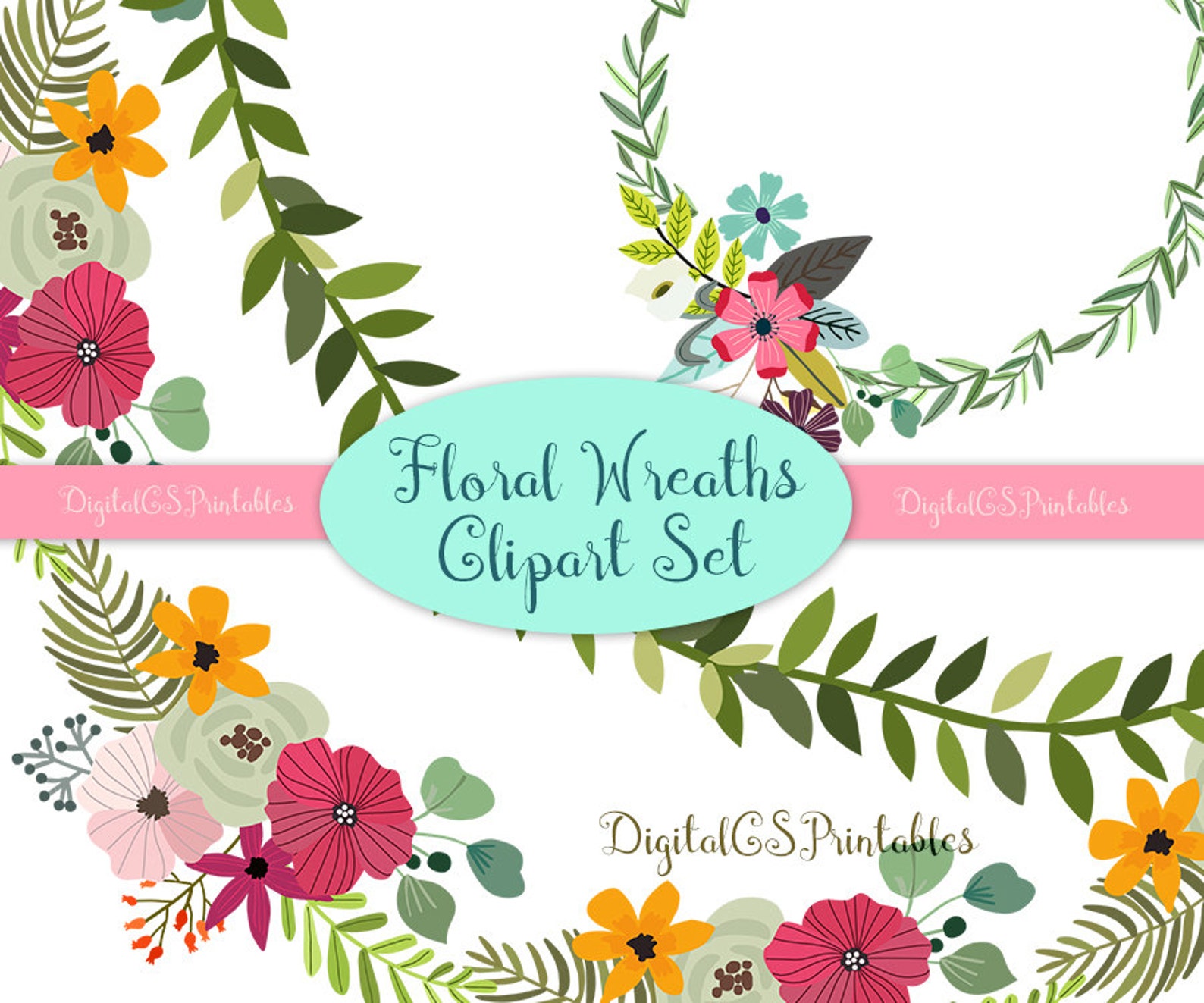 Floral Wreath Clipart Hand Drawn Clipart Digital Wreath Clip Art Hand