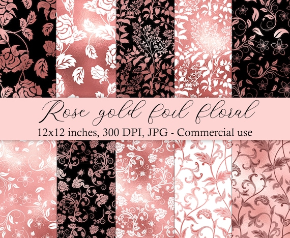 Rose Gold Floral Digital Paper Gold Foil Paper Rose Gold and Black Floral  Paper Floral Pattern Commercial Use Rose Gold Digital Paper 