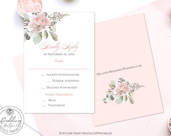 Blush wedding Rsvp card template wedding response reply card Watercolor blush pink peony floral wedding editable template garden boho B01