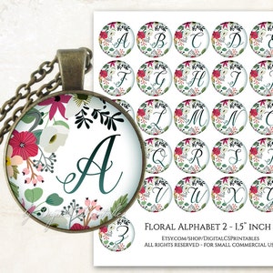 Floral alphabet bottle cap images 1 inch circle digital download Monogram digital download Alphabet printable Diy image 1