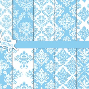 Baby blue digital paper Blue damask digital paper scrapbook paper printable paper Blue paper light blue damask Commercial use image 1