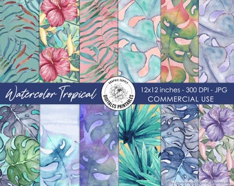 Tropical watercolor digital paper palm leaf pattern summer exotic digital paper Commercial use tropical leaves hibiscus flower purple green