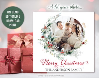 Editable photo Christmas gift tag template elegant Printable christmas wreath Merry Christmas family Photo personalized tags