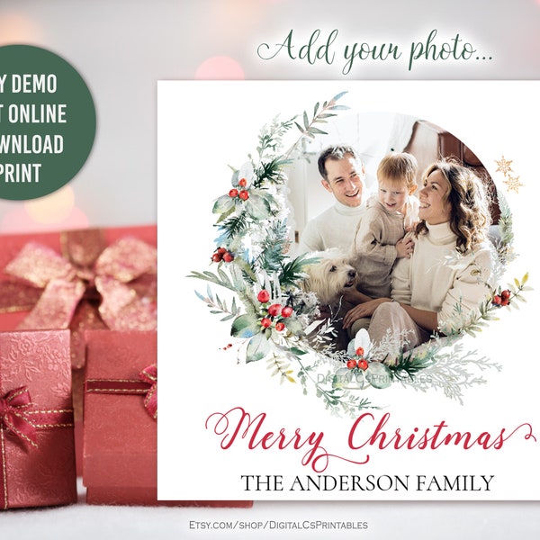Editable photo Christmas gift tag template elegant Printable christmas wreath Merry Christmas family Photo personalized tags