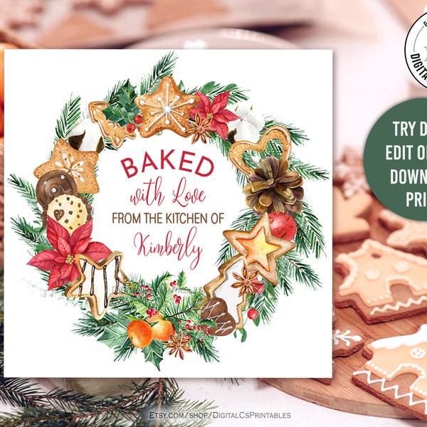 Editable Christmas gift tag template Printable Baked with love from the kitchen of Gingerbread wreath Christmas wreath digital download