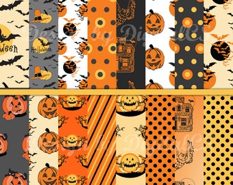 Halloween digital paper Halloween scrapbook paper Craft paper Pumpkin pattern Bat Orange black Commercial Printable paper Halloween paper