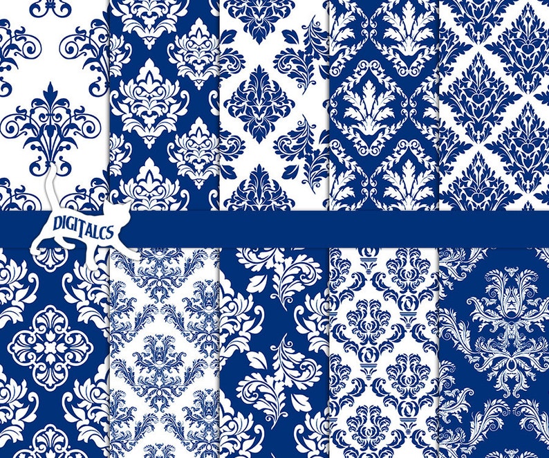 Blue Digital Paper Blue Damask Digital Paper Scrapbook Paper Ornamental