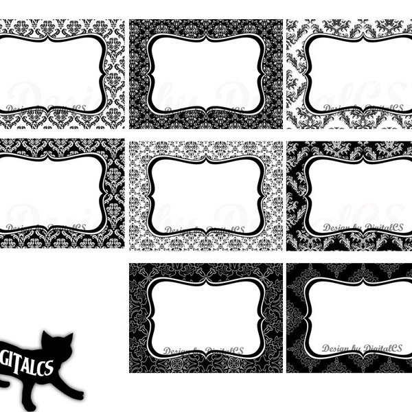 Damask digital frame clipart clip art wedding Black and white damask digital border PNG Commercial printable Damask label