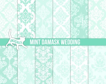 Damask ornamental Mint wedding mint digital paper Mint Green wedding paper Printable wedding scrapbook Green damask wedding Commercial use