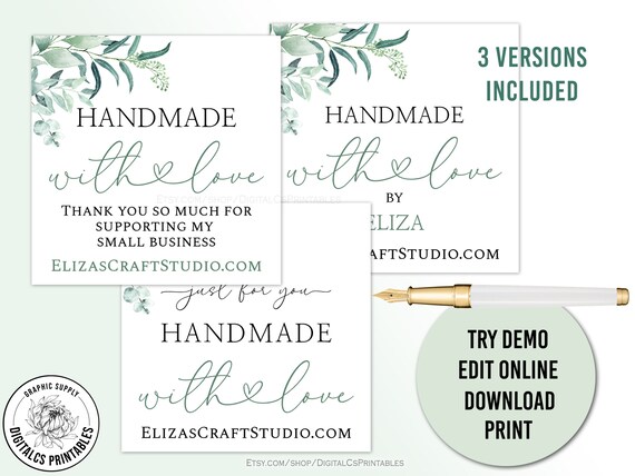 Printable Handmade With Love Tags Stickers Label Template - Etsy
