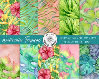 Watercolor tropical digital paper palm leaf pattern hibiscus flower colorful exotic digital paper Commercial use Summer tropical leaves