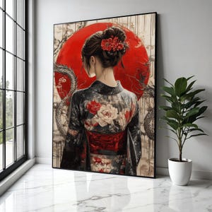 Elegant Geisha in Kimono Canvas, Japanese Woman Wall Art, Red Sun Background, Floral Traditional Dress Canvas, Gift Art, Home Decor, Print