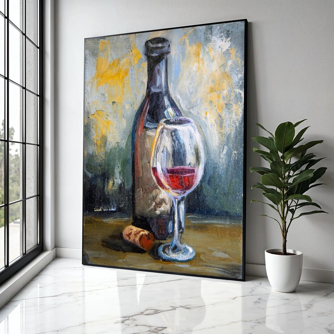 Red Wine Still Life Canvas, Wine Bottle and Glass Painting, Rustic ...