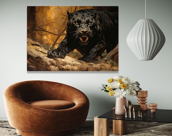 Tela de Pantera Negra Feroz, Arte de Parede de Animal Selvagem, Pintura de Predador da Selva, Decoração em Tela de Vida Selvagem, Arte para Presente com Rugido, Decoração para Casa, Impressão