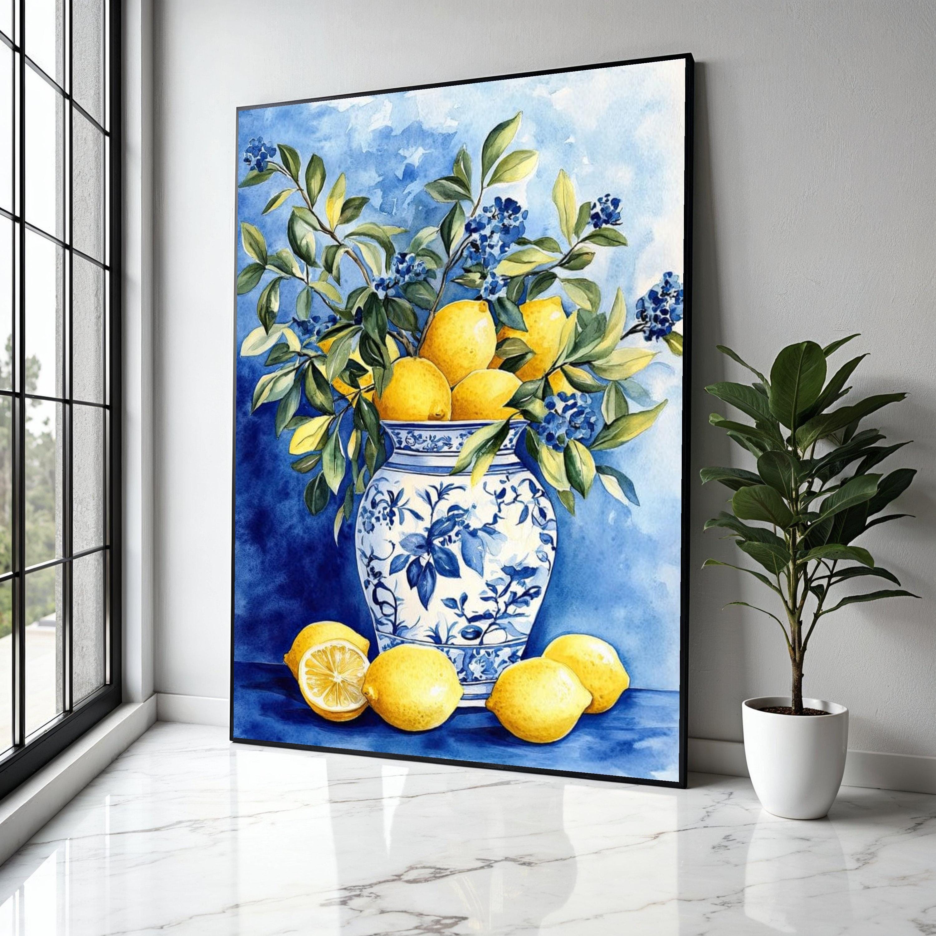 ブラジリエ「THE ITALIAN VASE」静物画 版画 額装 #470-1 Blue and White Vase With Lemons and Greenery Canvas, Still Life