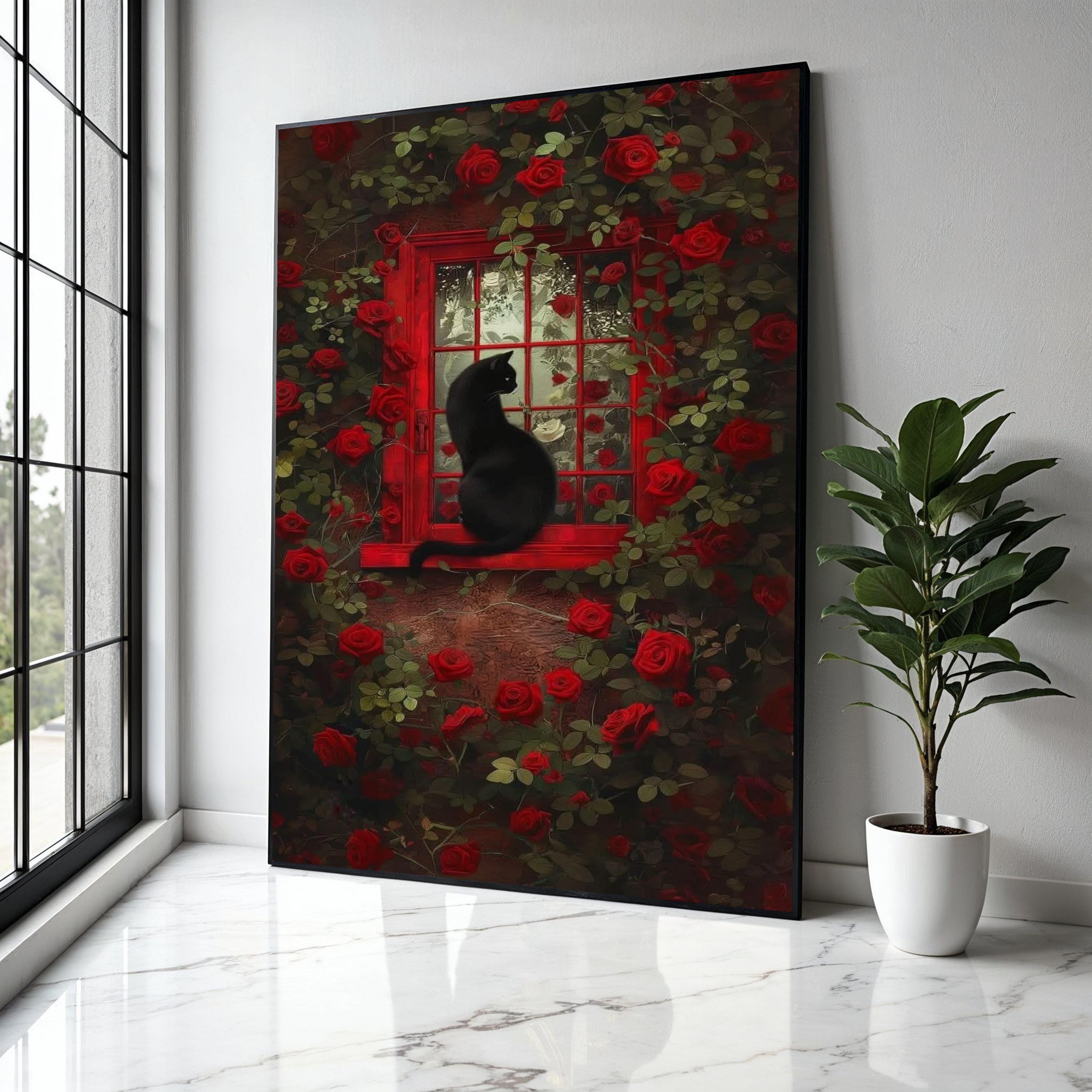 Black Cat on Red Window Canvas, Rose Floral Wall Art, Gothic Home Decor, Nature Inspired Canvas, Mystical Garden Gift Art, Home Decor, Print
