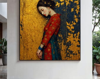 Elegante ritratto di donna asiatica su tela, arte floreale rossa su kimono, sfondo in foglia d'oro, arte decorativa da parete, arte regalo moderna, arredamento per la casa, stampa