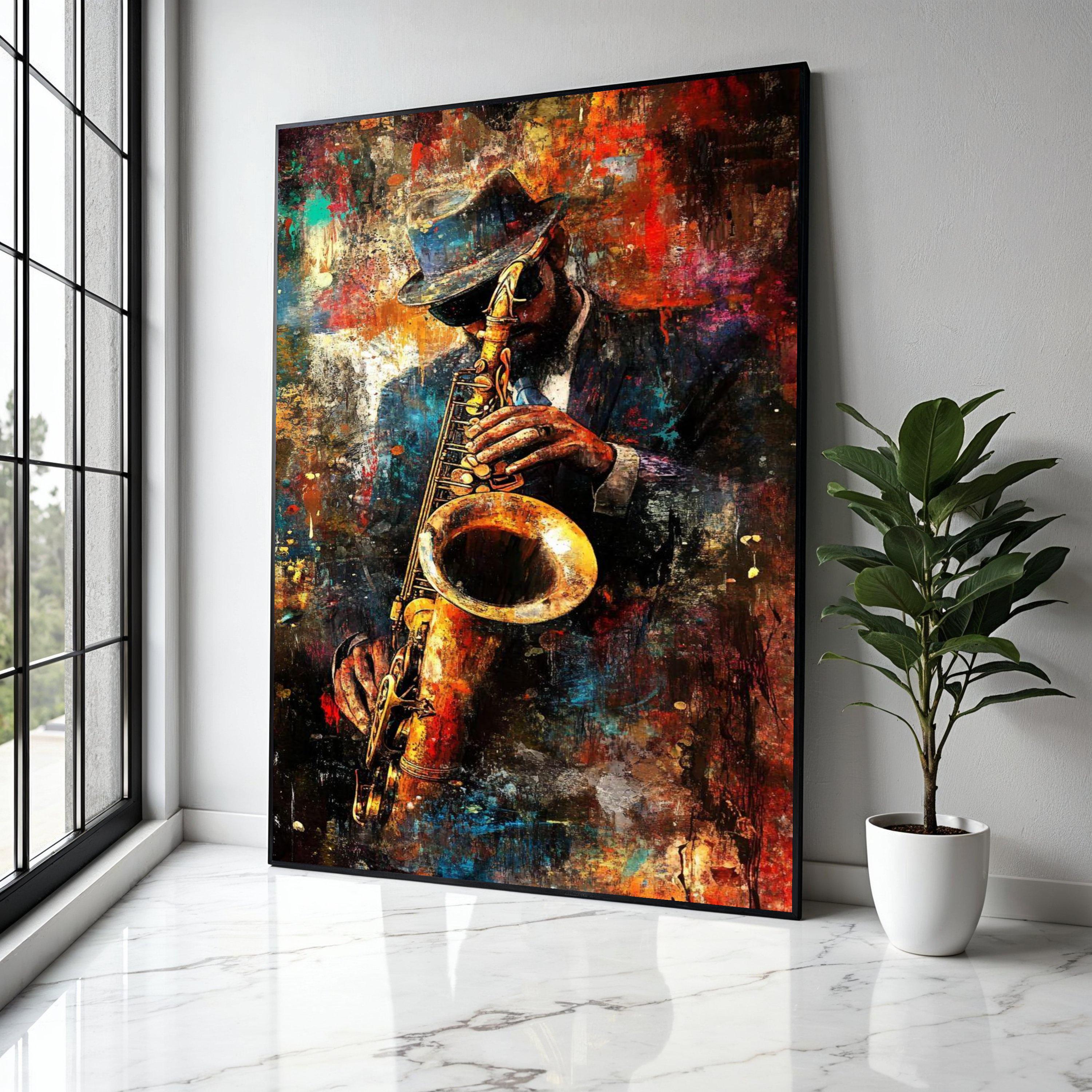 Jazz Musician Canvas Wall Art, Saxophone Player Painting, Urban