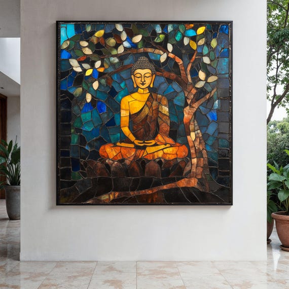 大仏　絵画　縦約41cm　アート　美術　インテリア　置物　コレクション　詳細不明 瞑想的な仏像モザイクキャンバス、スピリチュアルな壁アート、禅の