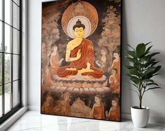 Meditating Buddha Canvas Wall Art, Spiritual Buddhist Art, Ancient Temple Mural, Zen Home Decoration, Peaceful Gift Art, Home Decor, Print