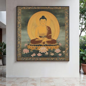 Meditating Buddha Canvas Wall Art, Lotus Flower Spiritual Painting, Zen Buddhist Decor, Tranquil Home Gift Art, Home Decor, Print