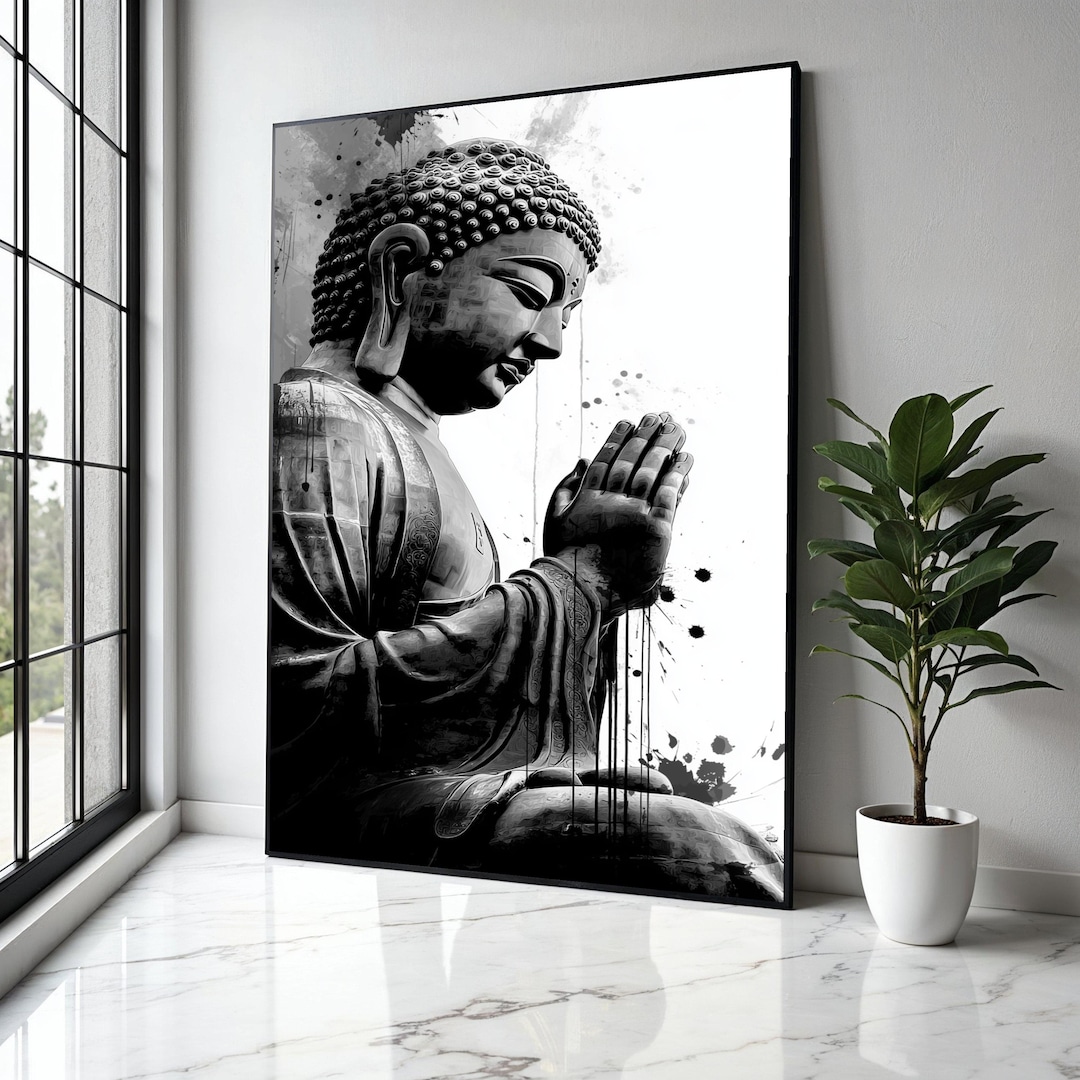 Meditative Buddha Statue Canvas, Black and White Spiritual Wall Art ...