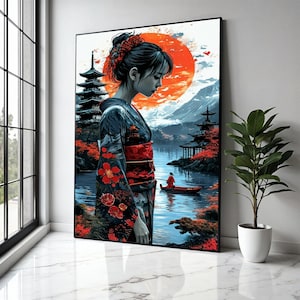 Elegant Japanese Geisha Canvas Wall Art, Red Sun Landscape, Traditional Kimono Illustration, Asian Culture Gift Art, Home Decor, Print