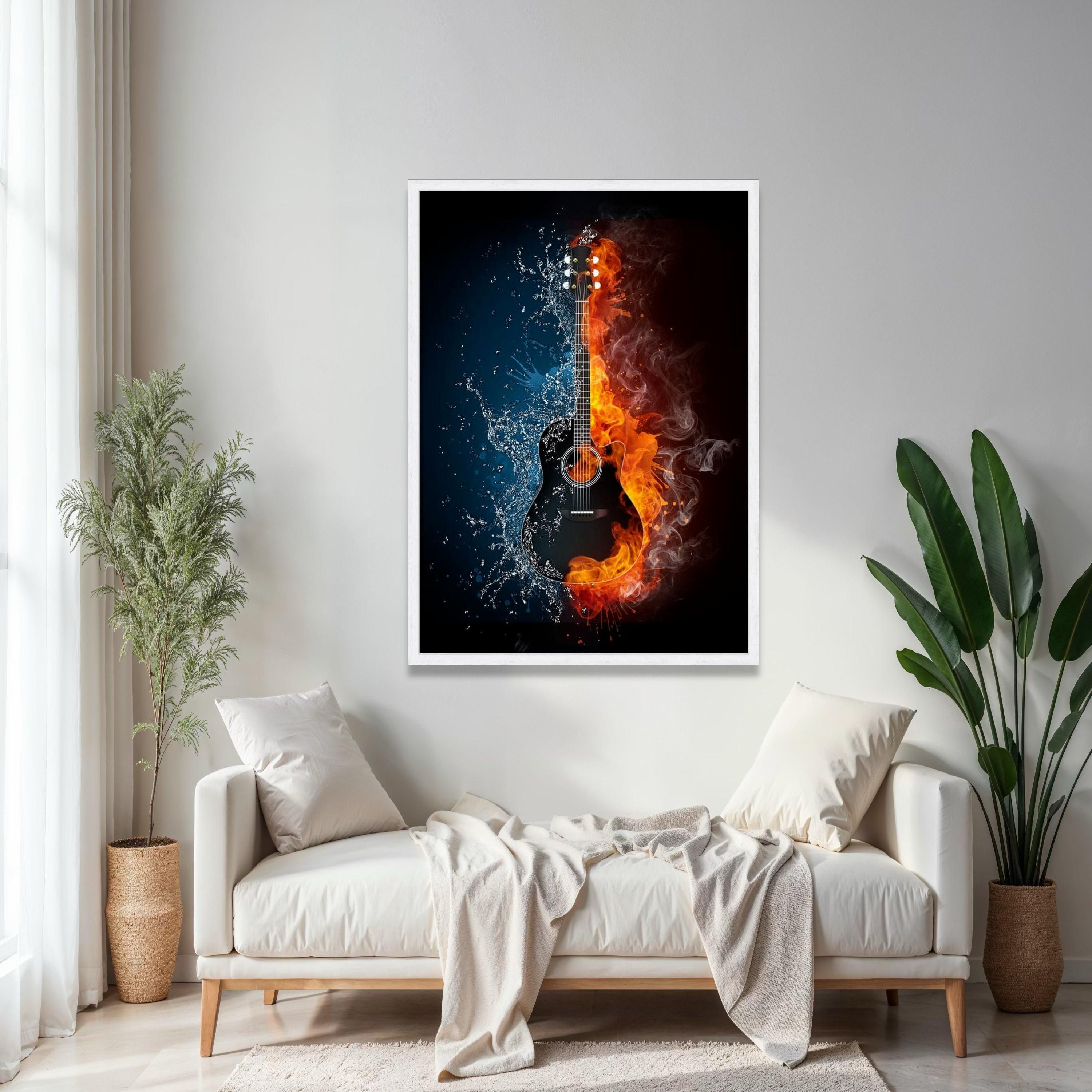 Fire and Water Guitar Canvas, Music Instrument Wall Art, Dual