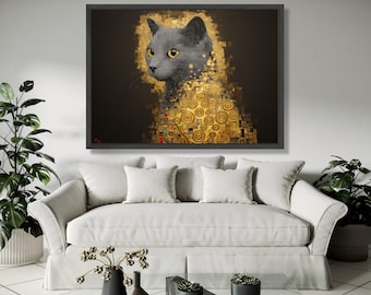 Abstract Golden Cat Portrait Canvas, Modern Geometric Cat Art, Yellow Eyes Wall Art, Contemporary Animal Canvas, Gift Art, Home Decor, Print