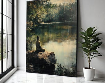 Tranquil Buddha Meditation Canvas, Serene Lake Scene Wall Art, Nature Calm Landscape Canvas, Mindfulness Home Gift Art, Home Decor, Print