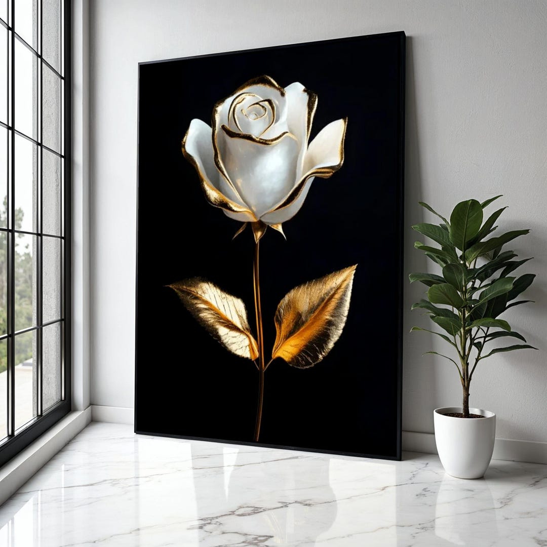 Elegant White and Gold Rose Canvas Wall Art, Luxury Floral Decor ...