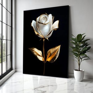 Elegant White and Gold Rose Canvas Wall Art, Luxury Floral Decor, Modern Flower Painting, Glamorous Home Gift Art, Home Decor, Print
